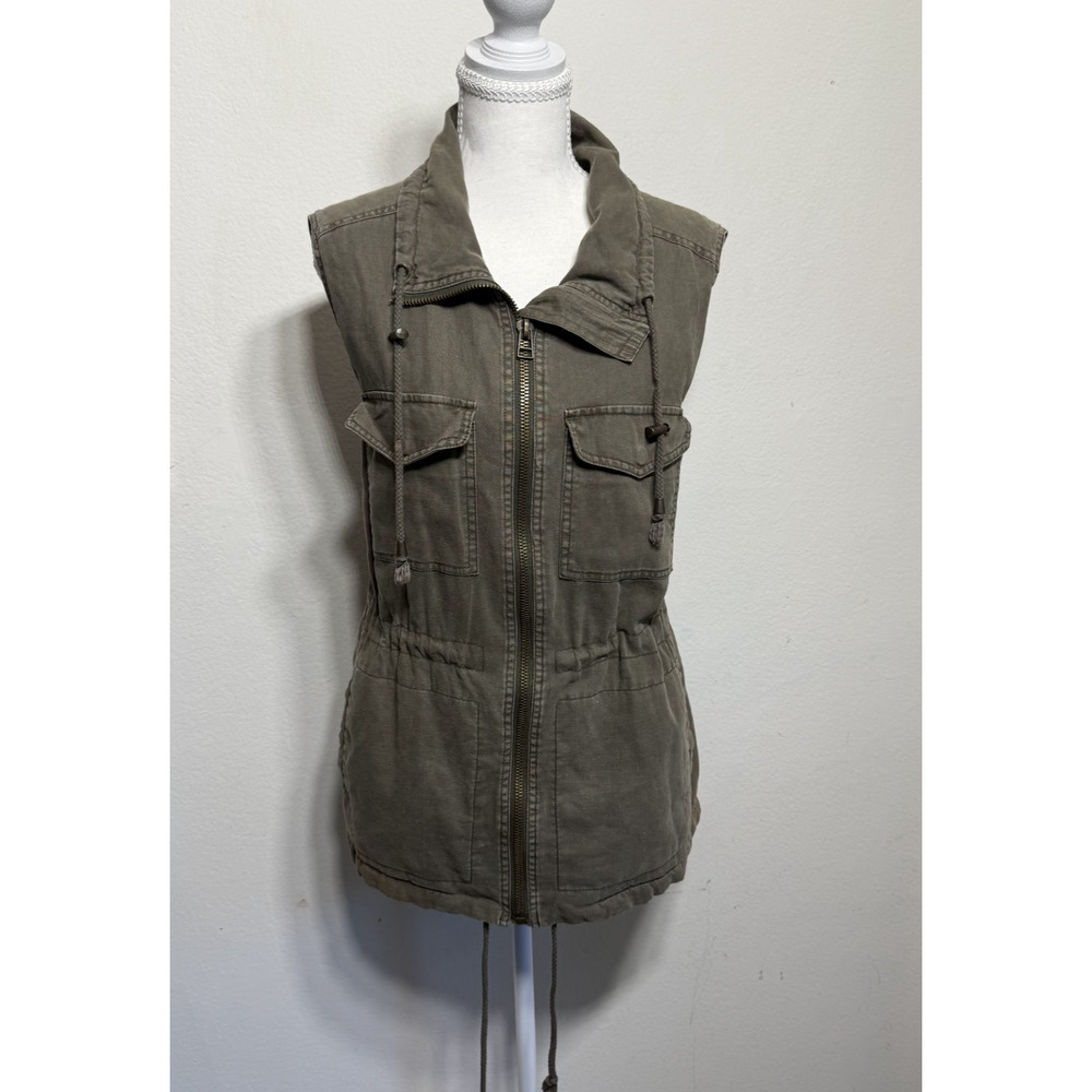 Velvet by Graham & Spencer Women's M Olive Green Zip Utility Vest Linen Cotton